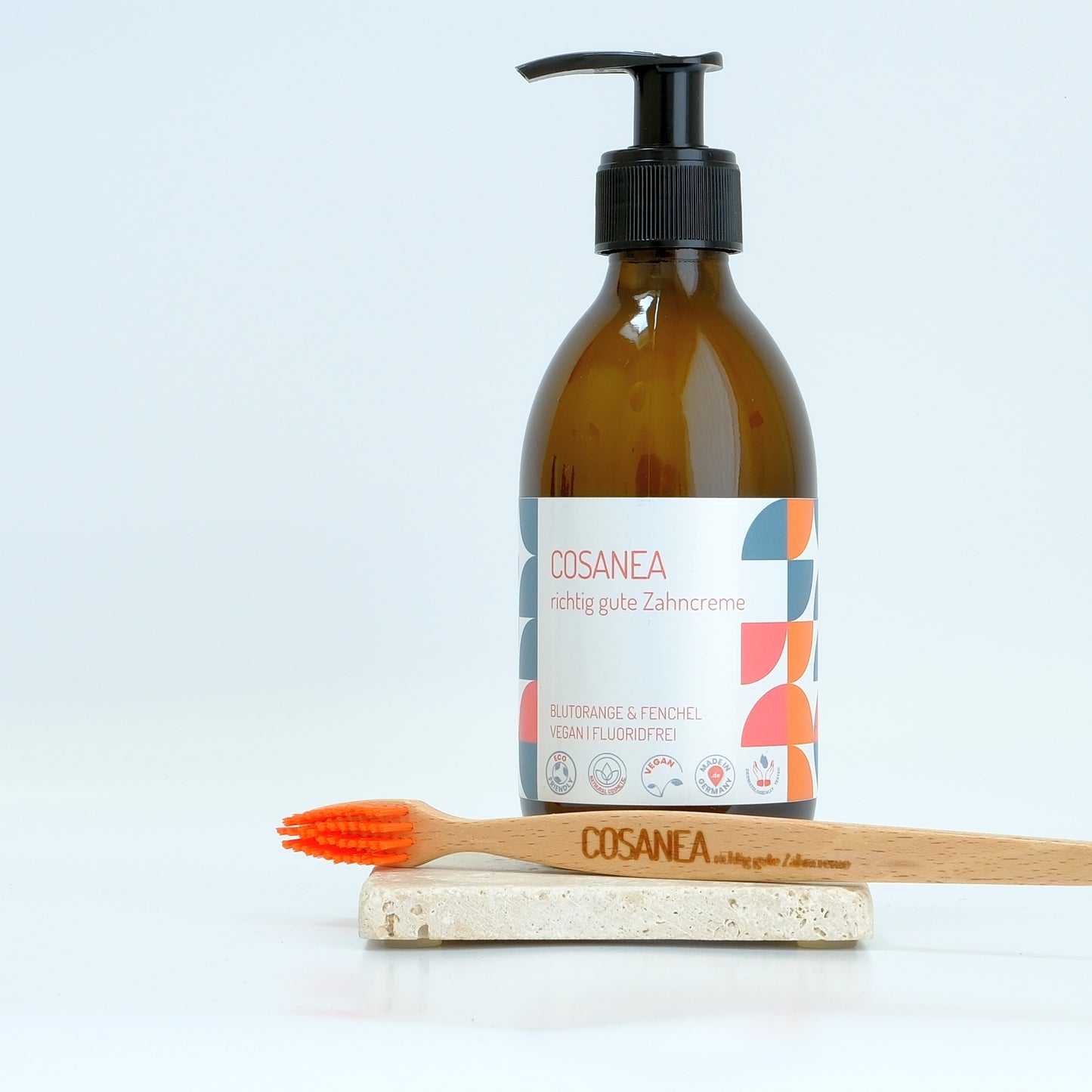 Zahncreme Blutorange-Fenchel (fluoridfrei), Starterset (Glasflasche + Pumpspender), 250 ml