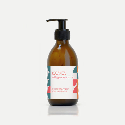 toothpaste Blood Orange-Fennel (fluoride free), starter set (glass bottle + dispenser), 250ml