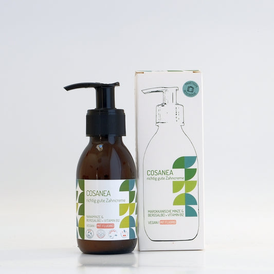 Zahncreme Marokkanische Minze + Vitamin B12 ‎(fluoridhaltig), Reisegröße (Glasflasche + Pumpspender), 90 ml