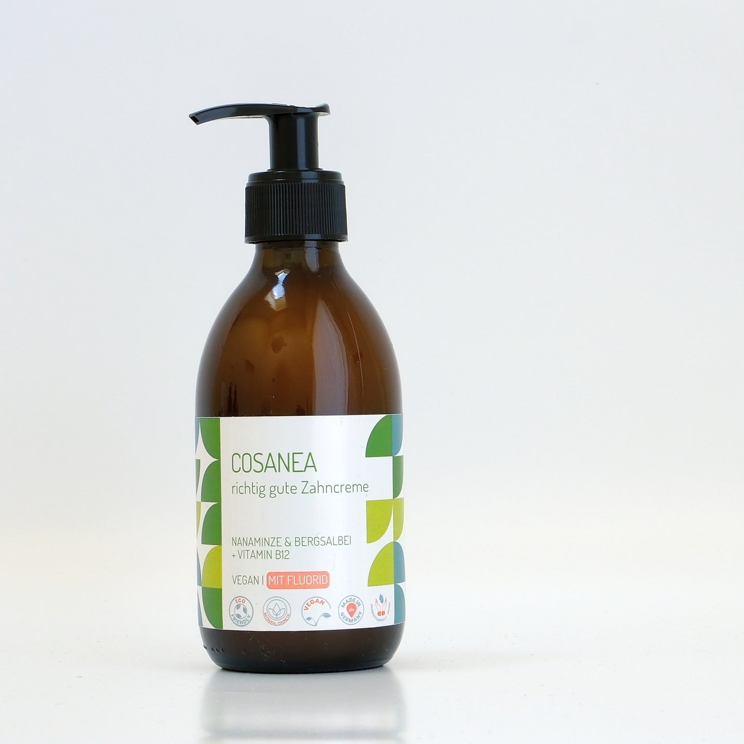 Zahncreme Marokkanische Minze-Bergsalbei + Vitamin B12 ‎(fluoridhaltig), Starterset (Glasflasche + Pumpspender), 250 ml