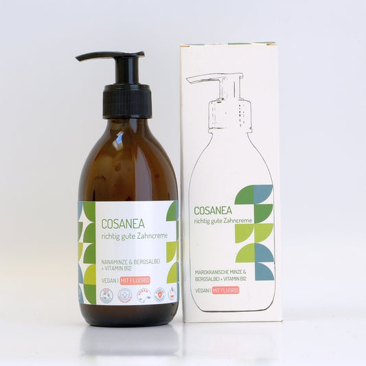 Zahncreme Marokkanische Minze-Bergsalbei + Vitamin B12 ‎(fluoridhaltig), Starterset (Glasflasche + Pumpspender), 250 ml