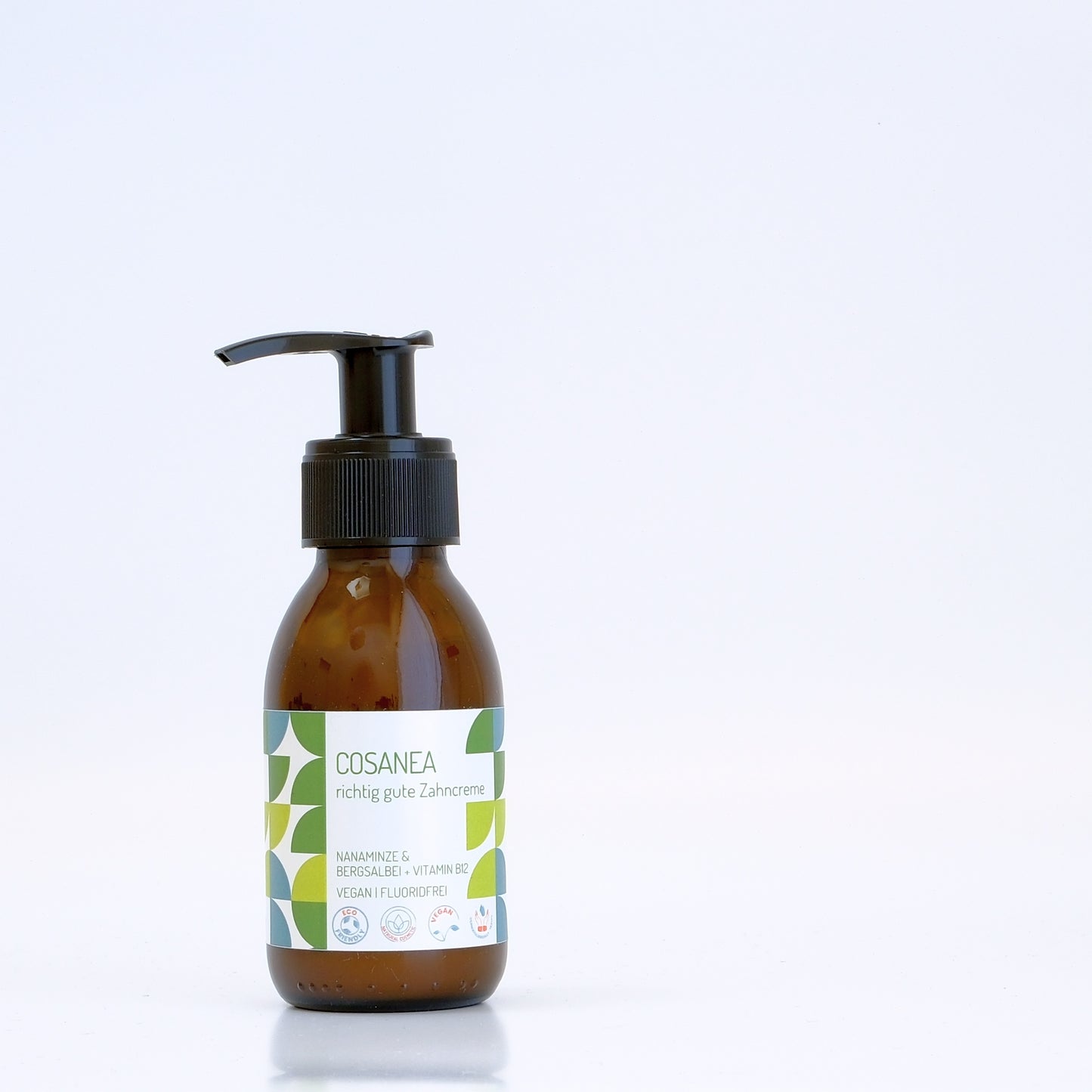 Zahncreme Marokkanische Minze-Bergsalbei + Vitamin B12 ‎(fluoridfrei), Reisegröße (Glasflasche + Pumpspender), 90 ml