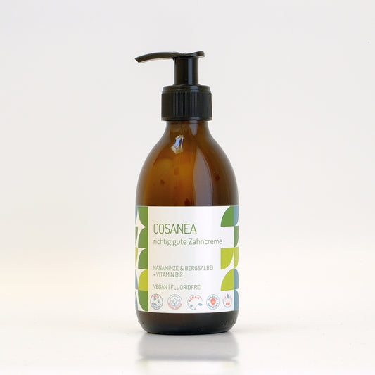 Zahncreme Marokkanische Minze-Bergsalbei + Vitamin B12 ‎(fluoridfrei), Starterset (Glasflasche + Pumpspender), 250 ml