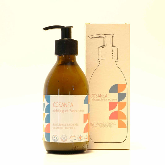 toothpaste Blood Orange-Fennel (fluoride free), starter set (glass bottle + dispenser), 250ml