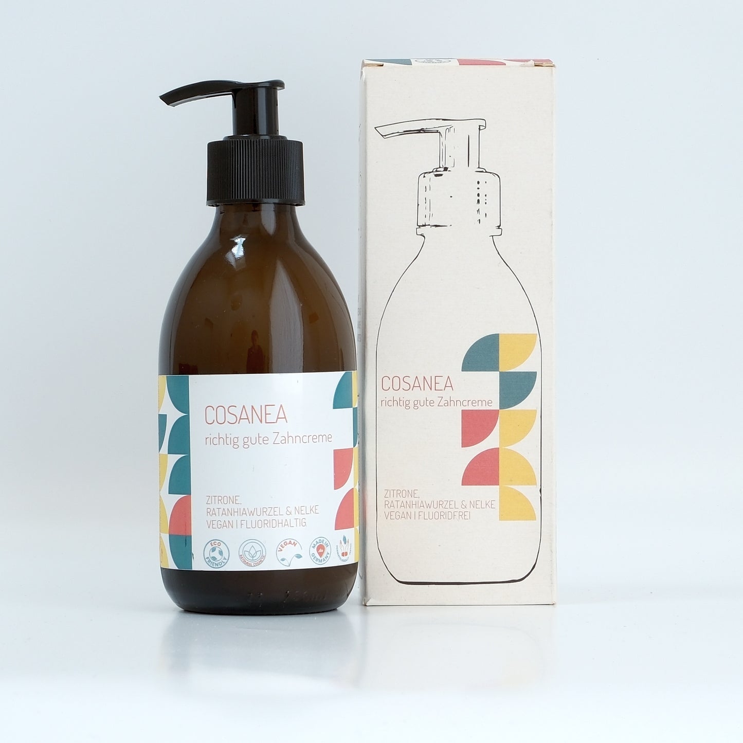 Zahncreme Zitrone-Ratanhiawurzel-Nelke (fluoridhaltig), Starterset (Glasflasche + Pumpspender), 250 ml