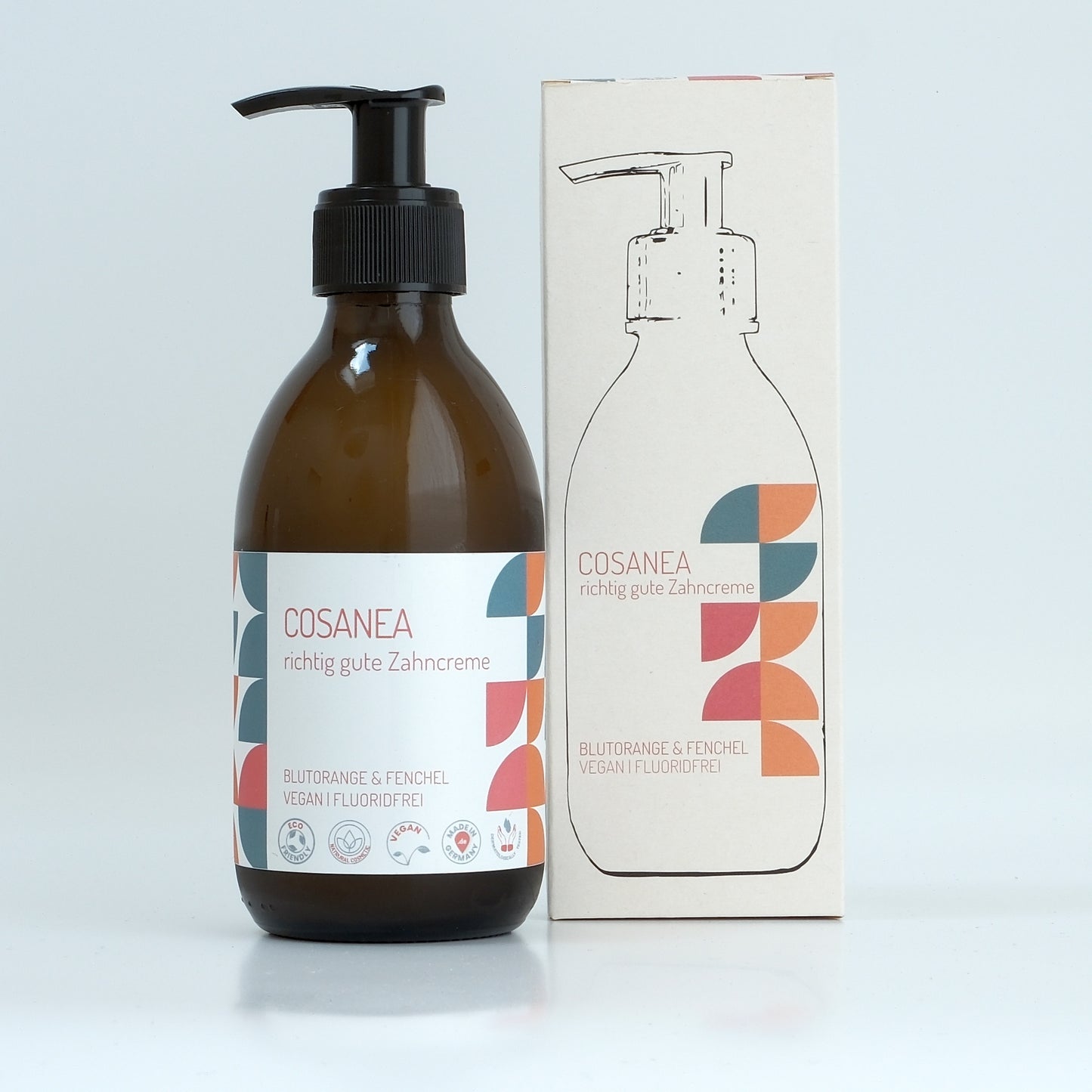 Zahncreme Blutorange-Fenchel (fluoridfrei), Starterset (Glasflasche + Pumpspender), 250 ml