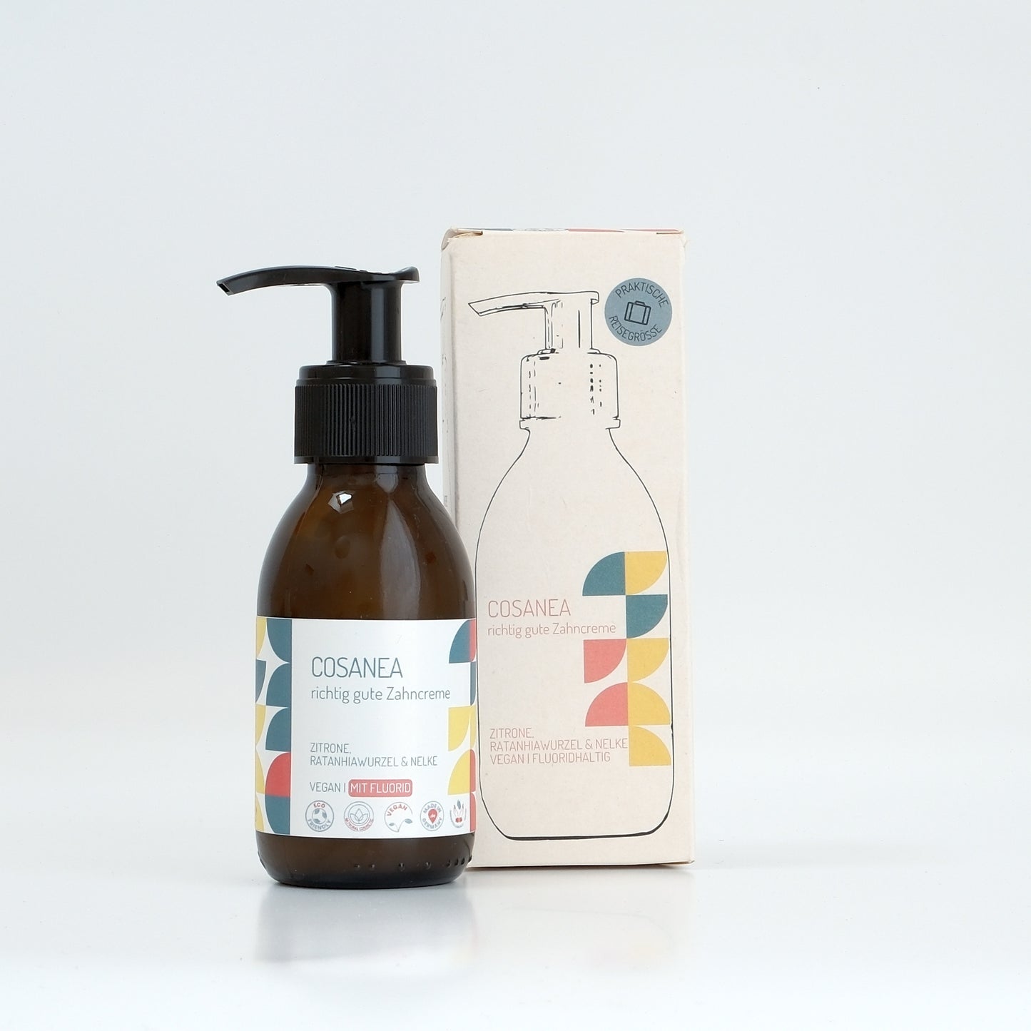 Zahncreme Zitrone-Ratanhiawurzel-Nelke (fluoridhaltig), Reisegröße (Glasflasche + Pumpspender), 90 ml