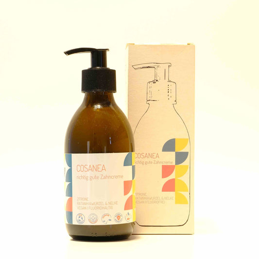 toothpaste Lemon-Ratanhia Root-Clove (containing fluoride), starter set (glass bottle + dispenser), 250ml